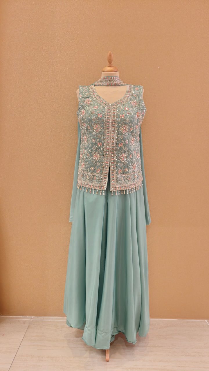 Mint Green Embroidered Jacket and Pant Set with Dupatta|Maya Chabra