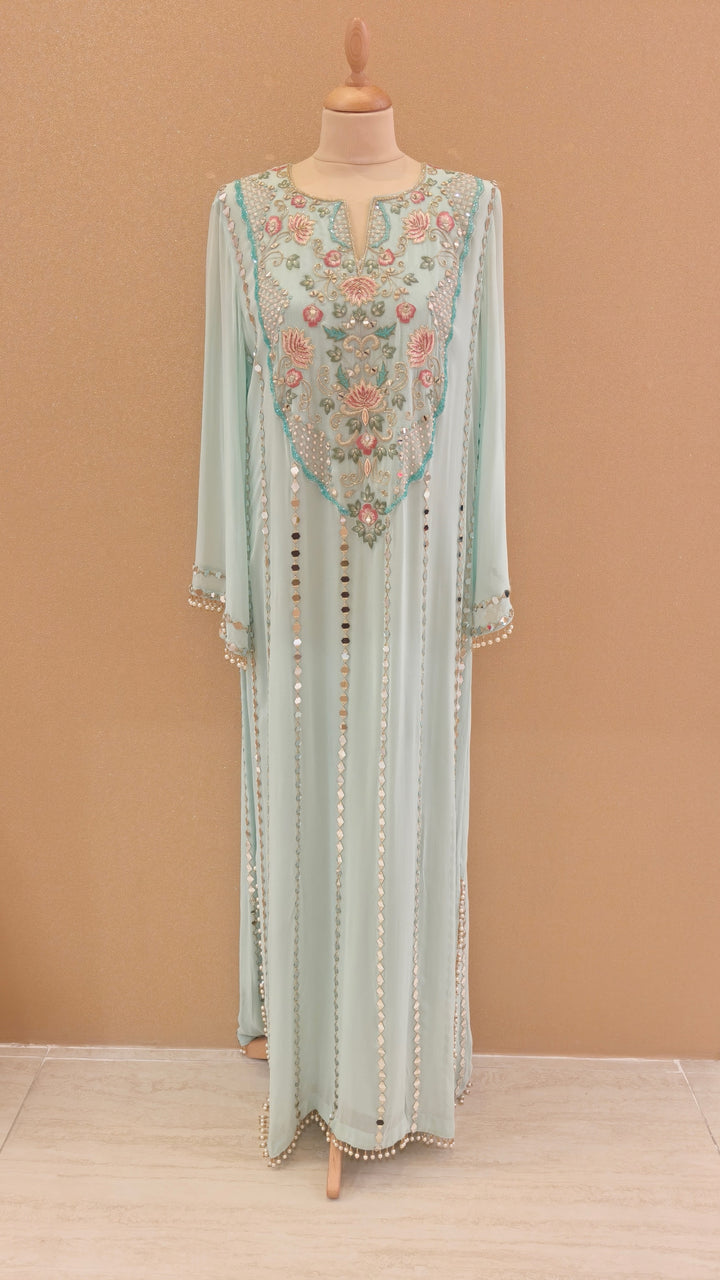 Sea Blue Embroidered Long Kaftan Dress| AURAROZE