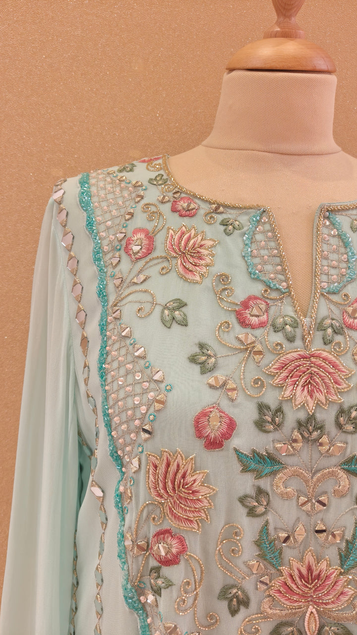 Sea Blue Embroidered Long Kaftan Dress| AURAROZE