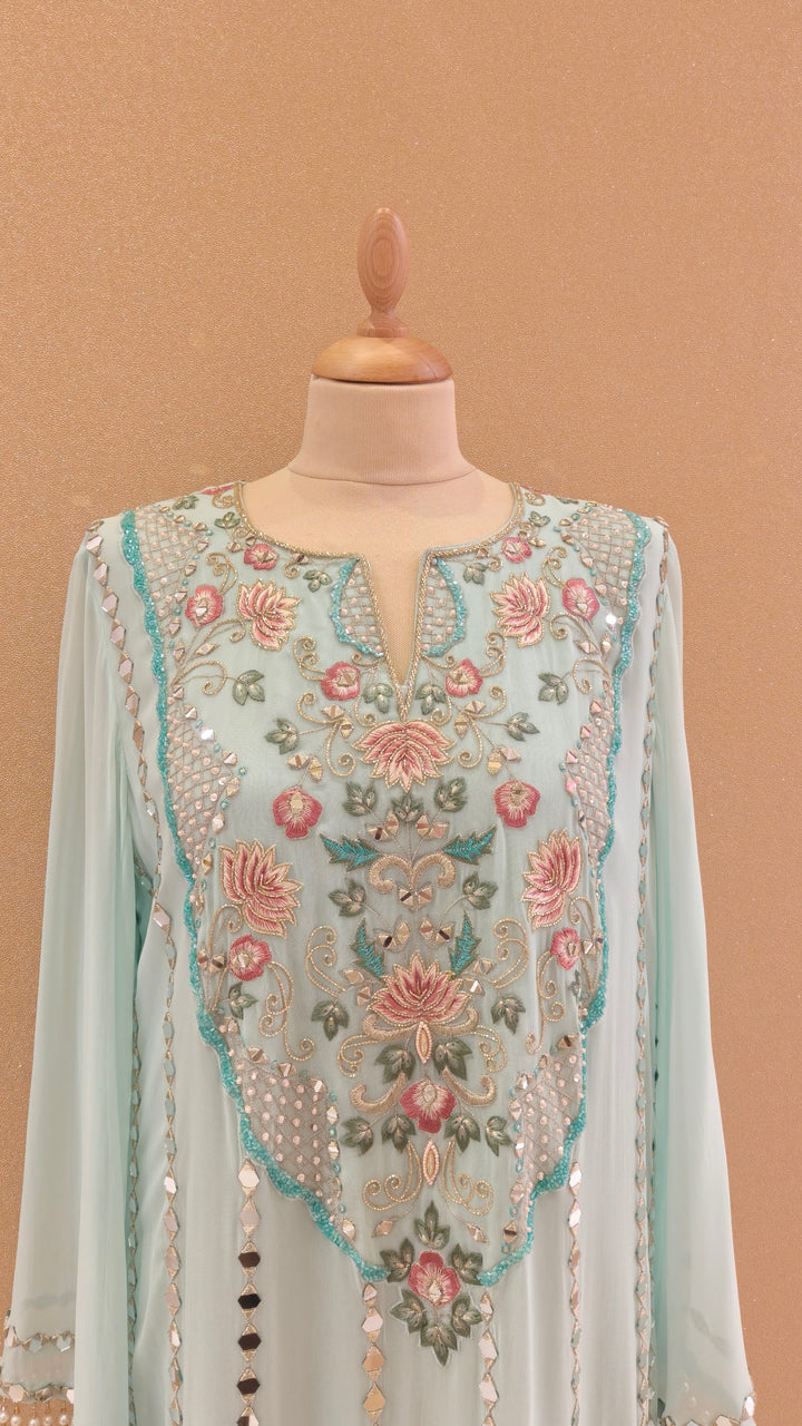 Sea Blue Embroidered Long Kaftan Dress| AURAROZE