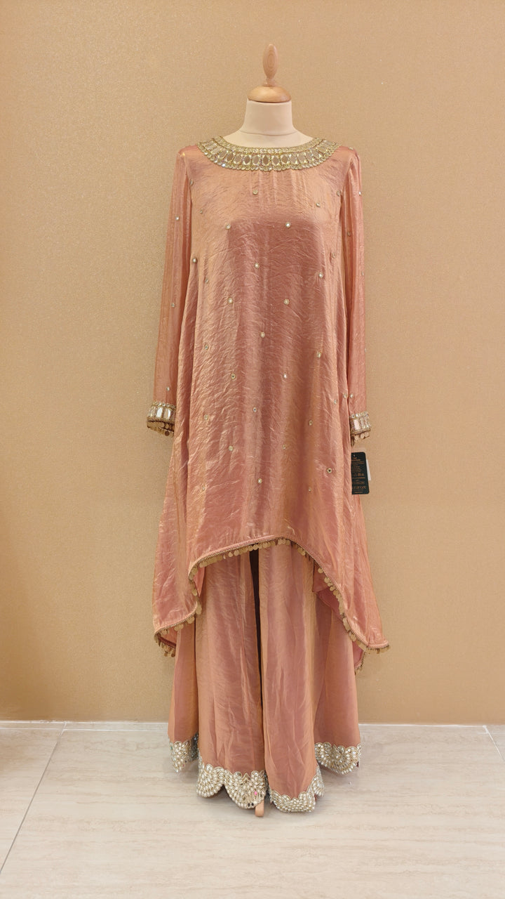Elegant Peach Embellished High-Low Kurti Set | AURAROZE