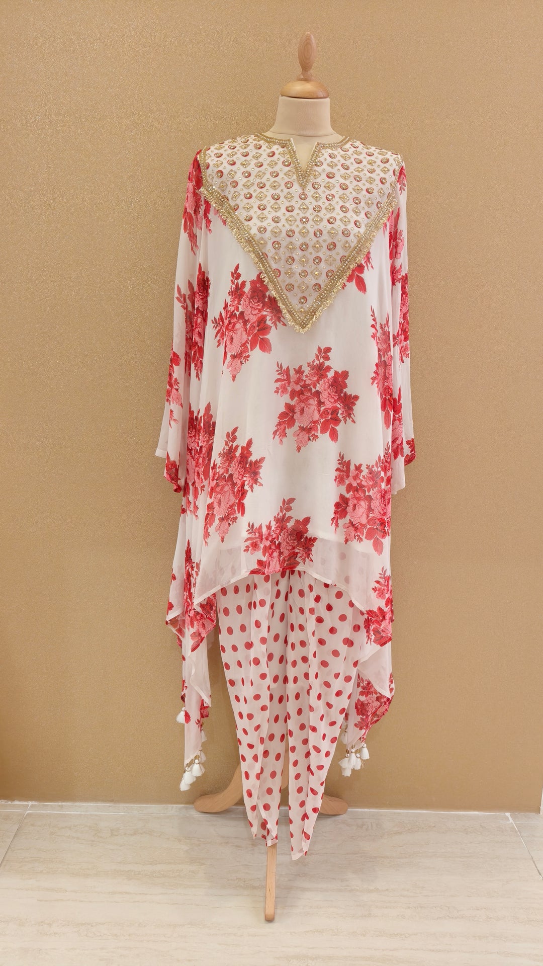 White and Red Embellished Asymmetric Kurti with Matching Pants | SILK SAGA