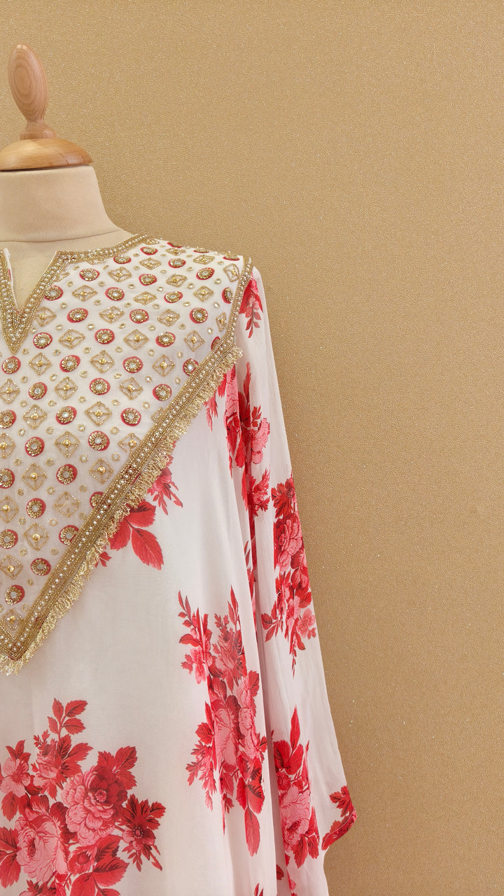 White and Red Embellished Asymmetric Kurti with Matching Pants | SILK SAGA