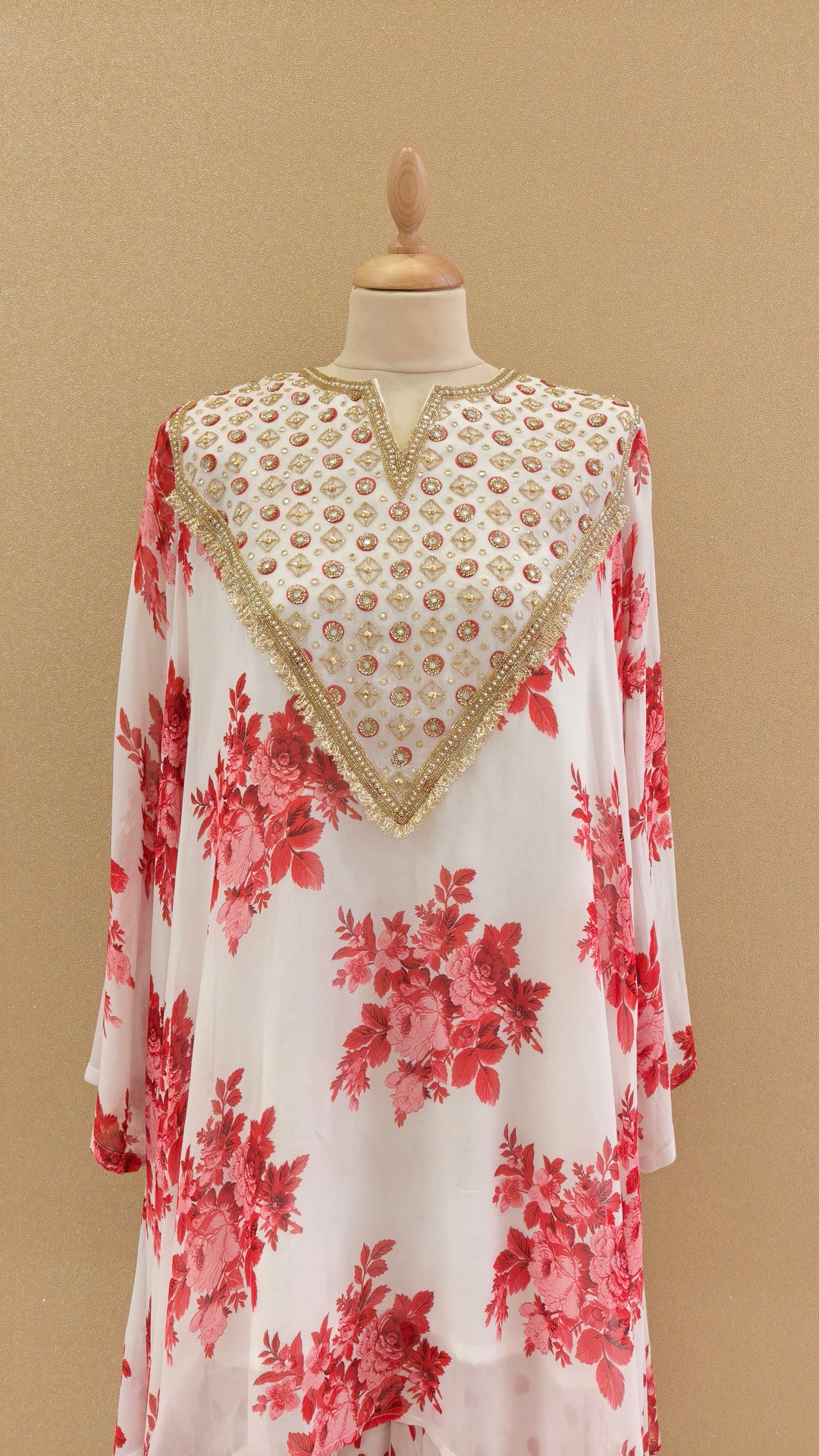 White and Red Embellished Asymmetric Kurti with Matching Pants | SILK SAGA