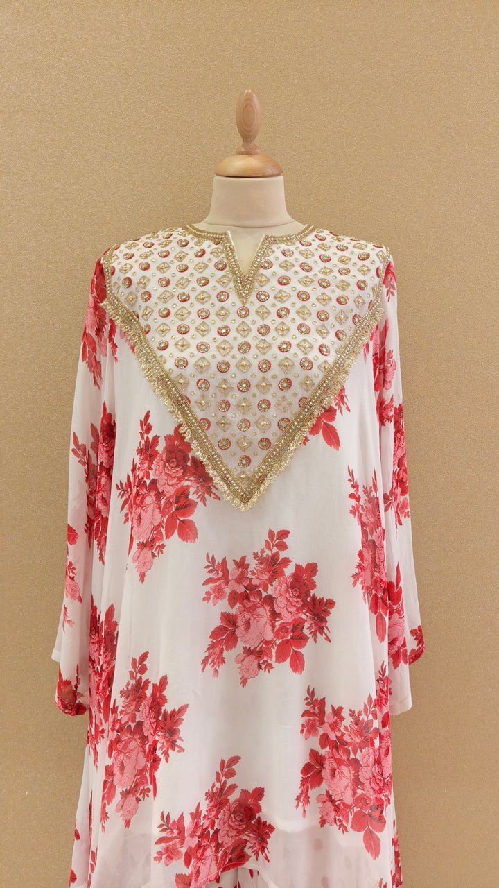 White and Red Embellished Asymmetric Kurti with Matching Pants | SILK SAGA