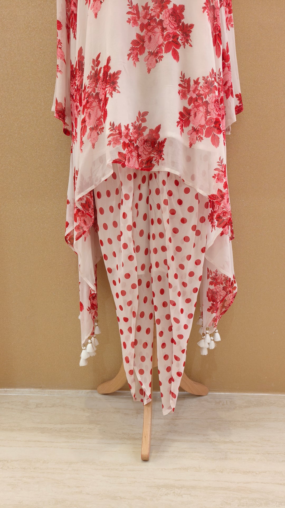 White and Red Embellished Asymmetric Kurti with Matching Pants | SILK SAGA