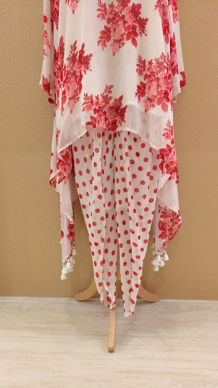 White and Red Embellished Asymmetric Kurti with Matching Pants | SILK SAGA