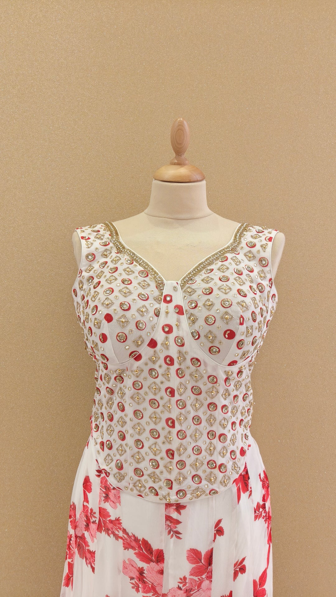 White and Red Embellished Corset Top with Matching Pants | SILK SAGA