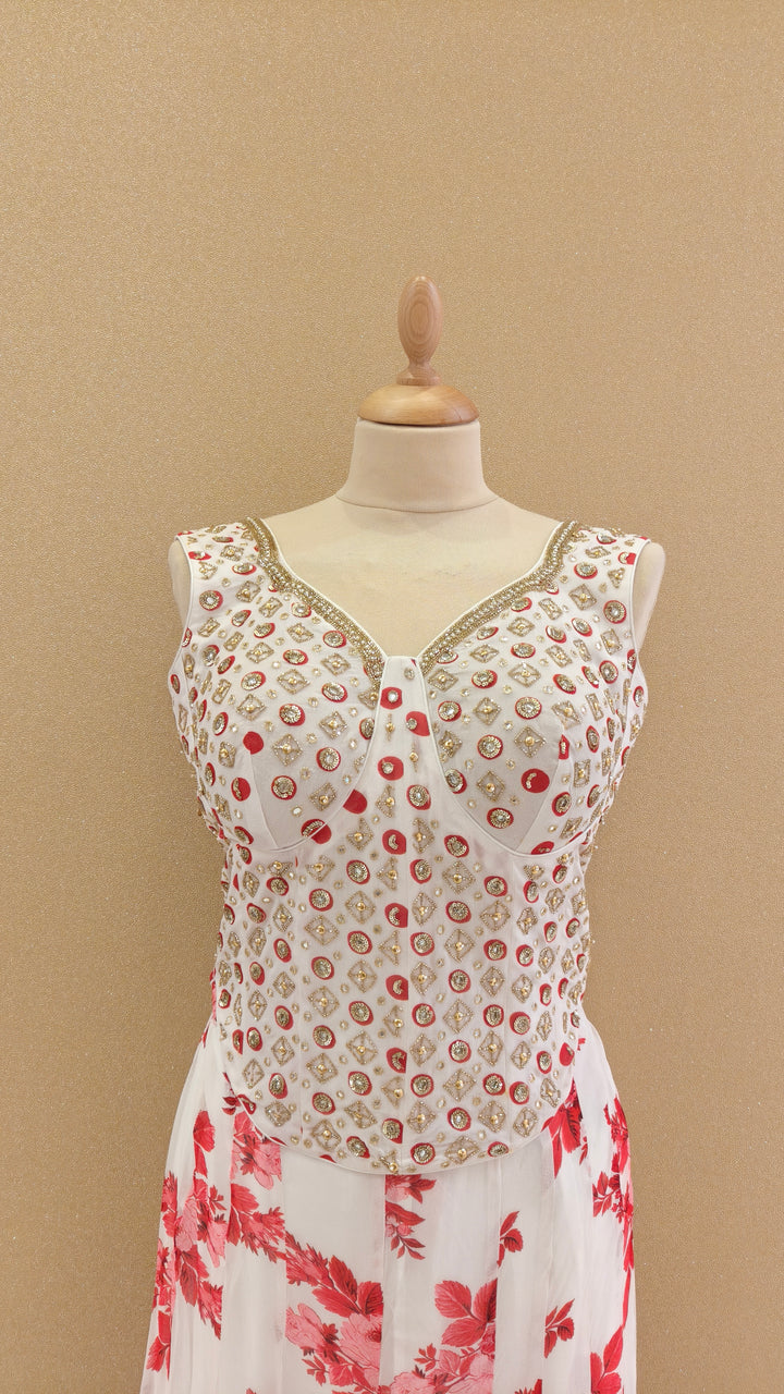 White and Red Embellished Corset Top with Matching Pants | SILK SAGA