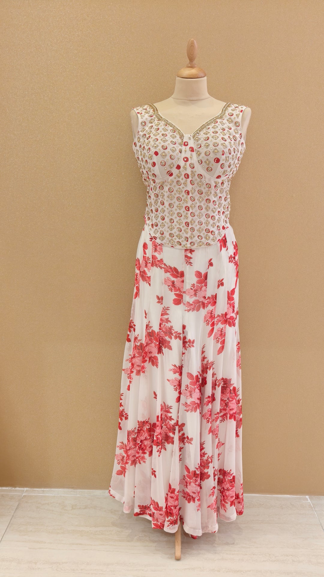 White and Red Embellished Corset Top with Matching Pants | SILK SAGA