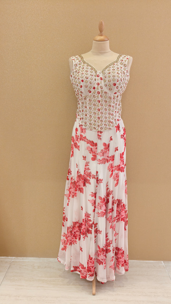 White and Red Embellished Corset Top with Matching Pants | SILK SAGA
