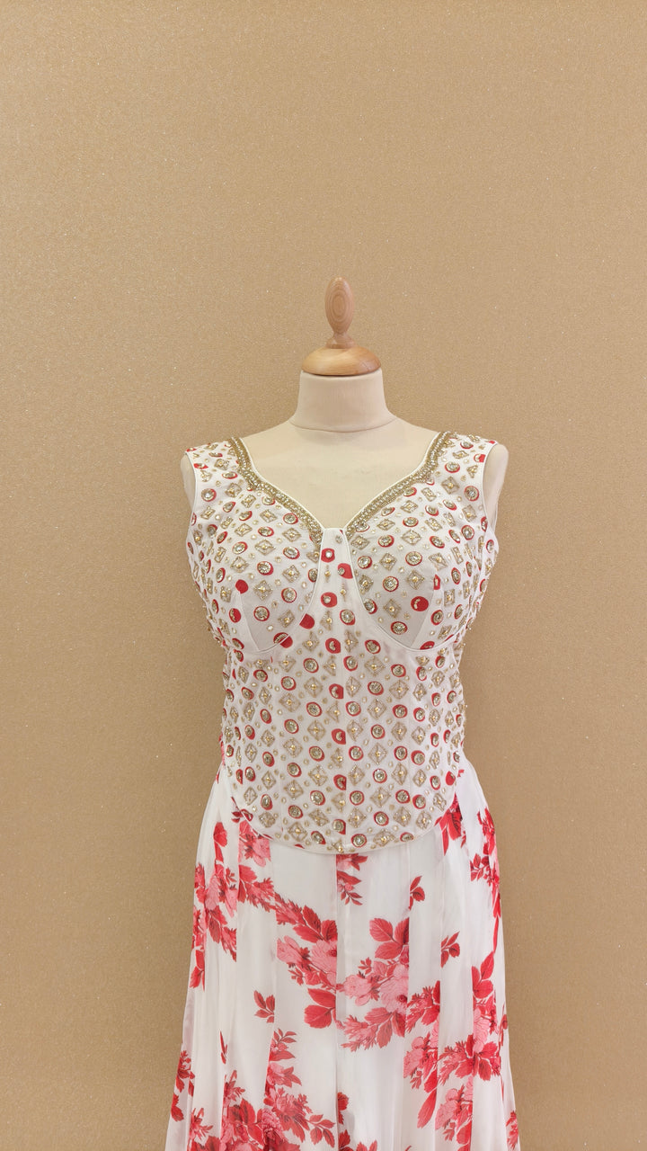 White and Red Embellished Corset Top with Matching Pants | SILK SAGA