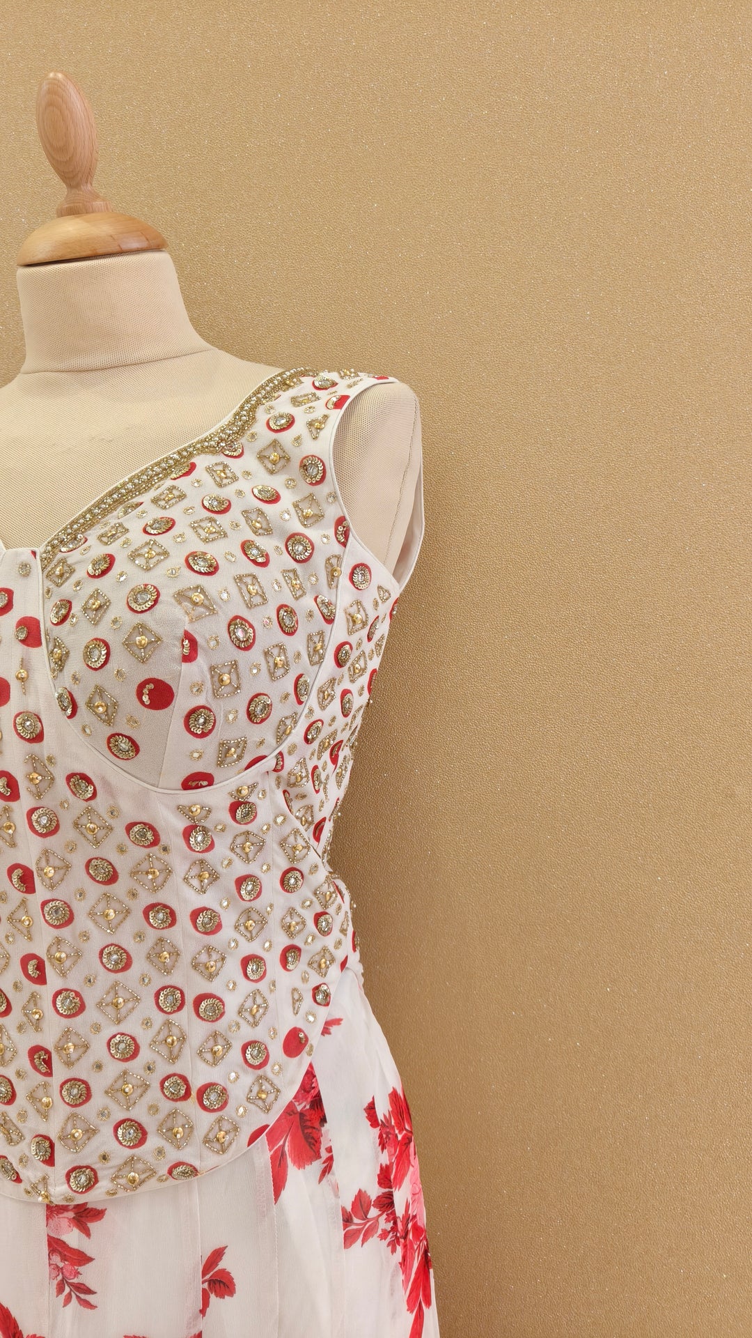 White and Red Embellished Corset Top with Matching Pants | SILK SAGA