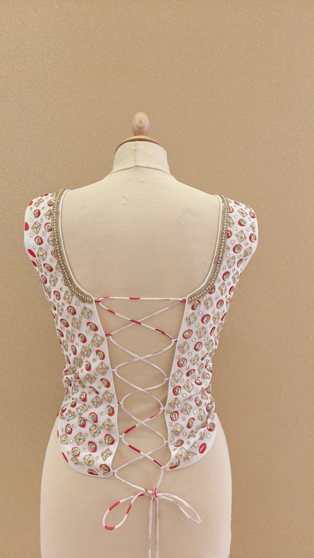 White and Red Embellished Corset Top with Matching Pants | SILK SAGA
