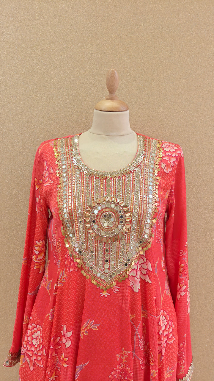 Coral-Pink Printed Kurti with Matching Pants| SILK SAGA