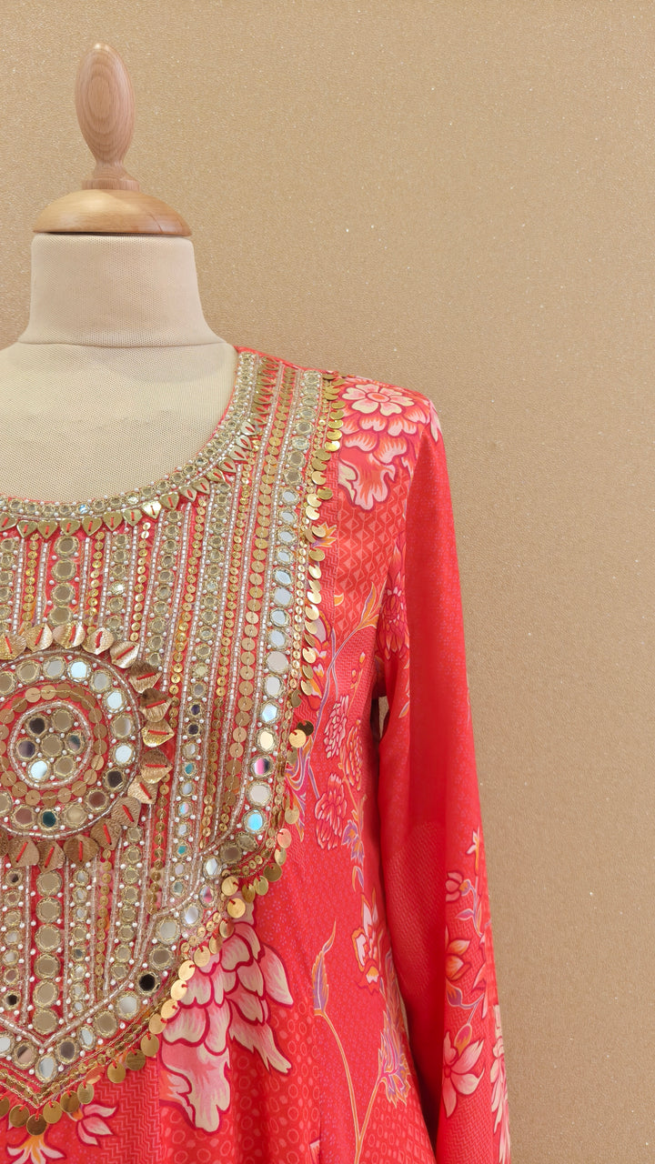 Coral-Pink Printed Kurti with Matching Pants| SILK SAGA