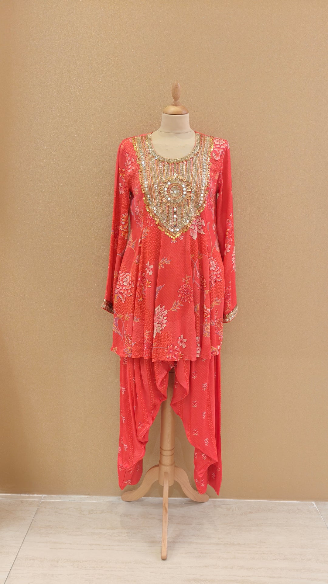 Coral-Pink Printed Kurti with Matching Pants| SILK SAGA