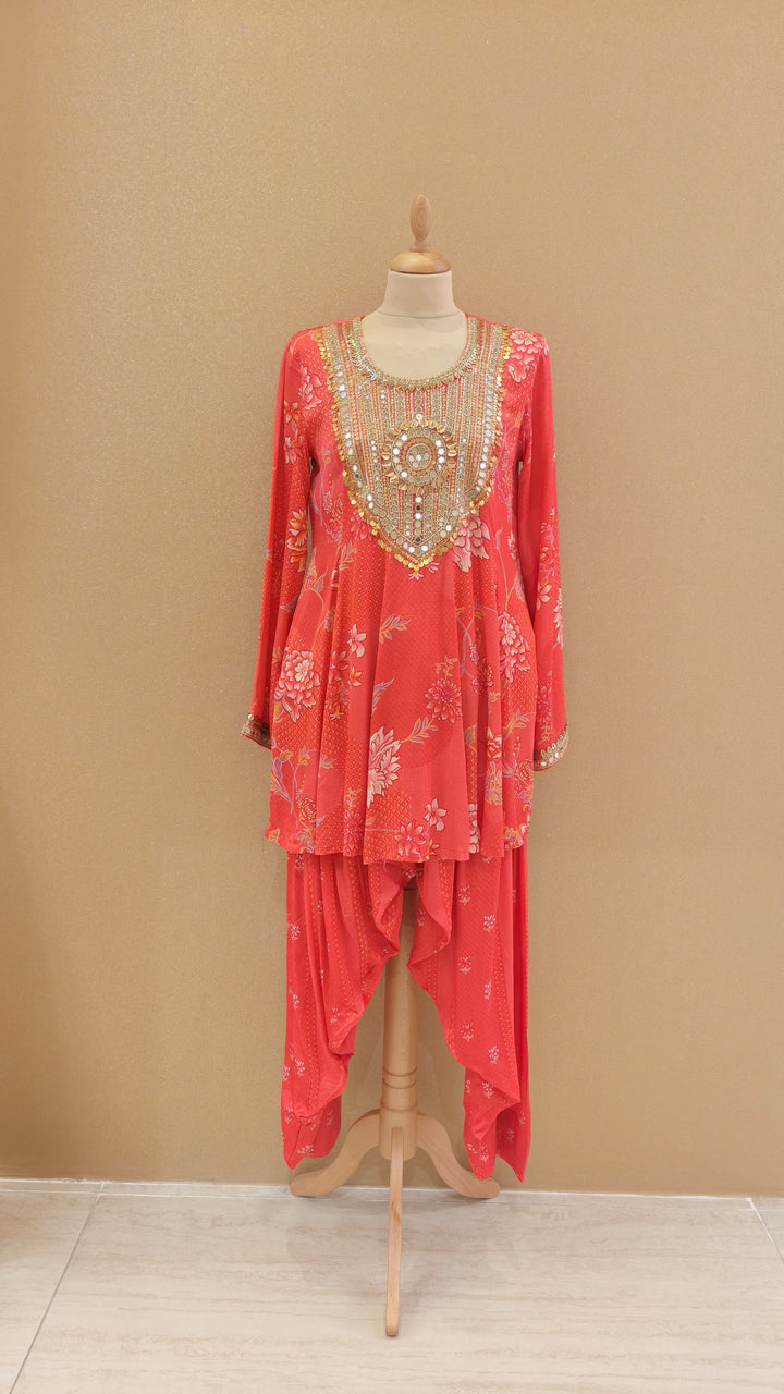 Coral-Pink Printed Kurti with Matching Pants| SILK SAGA