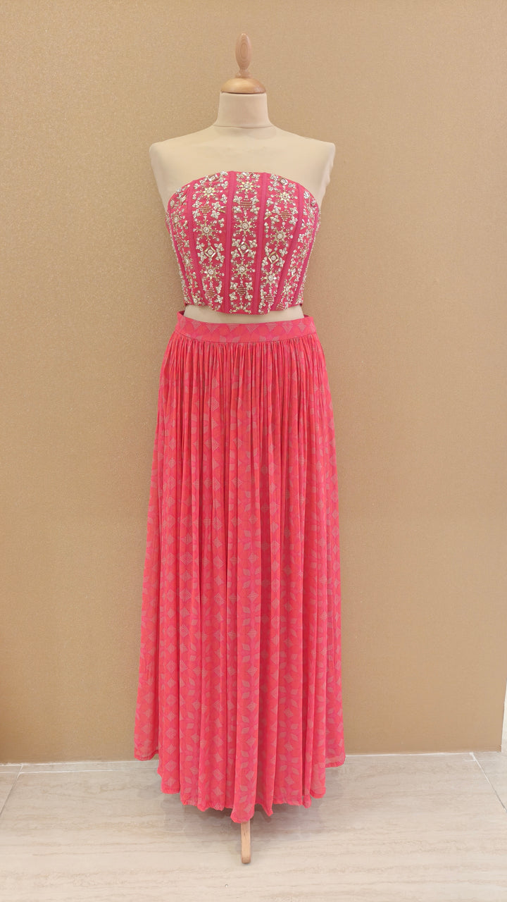 Pink Embellished Corset Top with Flowy Skirt and Dupatta | SILK SAGA