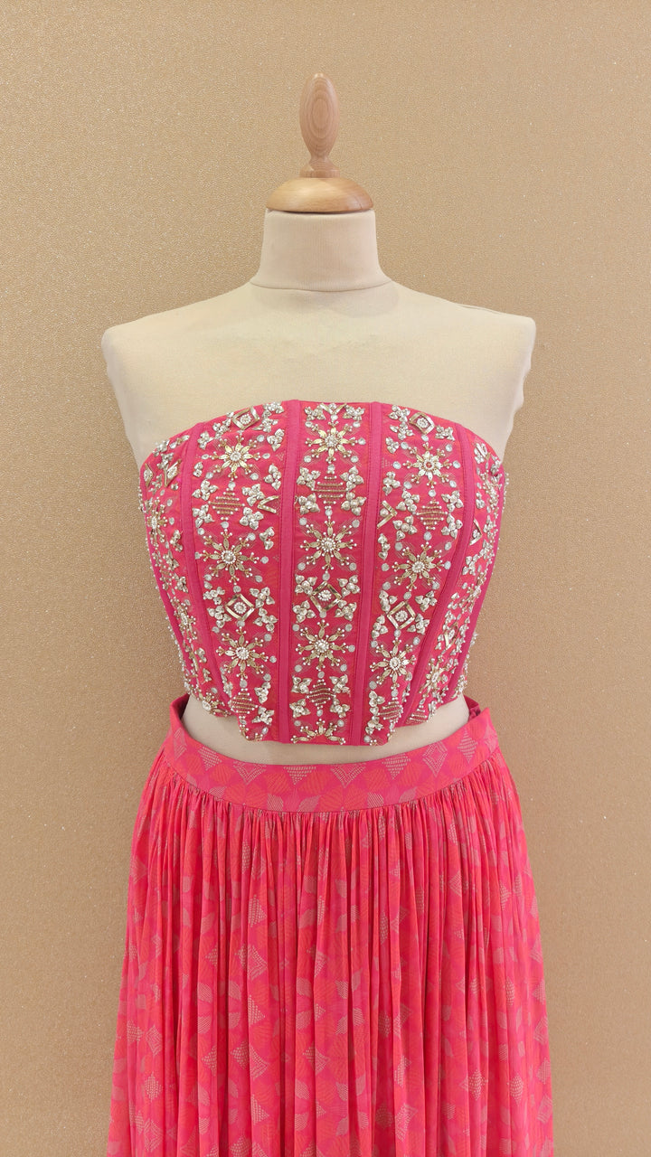 Pink Embellished Corset Top with Flowy Skirt and Dupatta | SILK SAGA