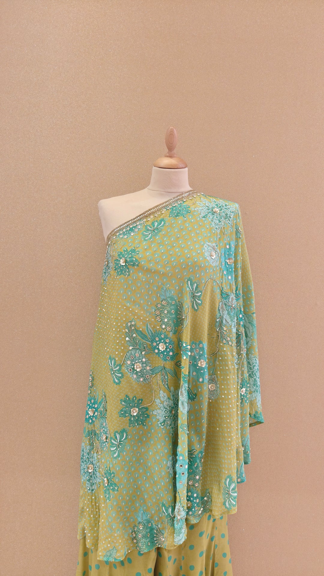 Olive Green and Turquoise Embellished Asymmetric Top with Matching Pants | SILK SAGA
