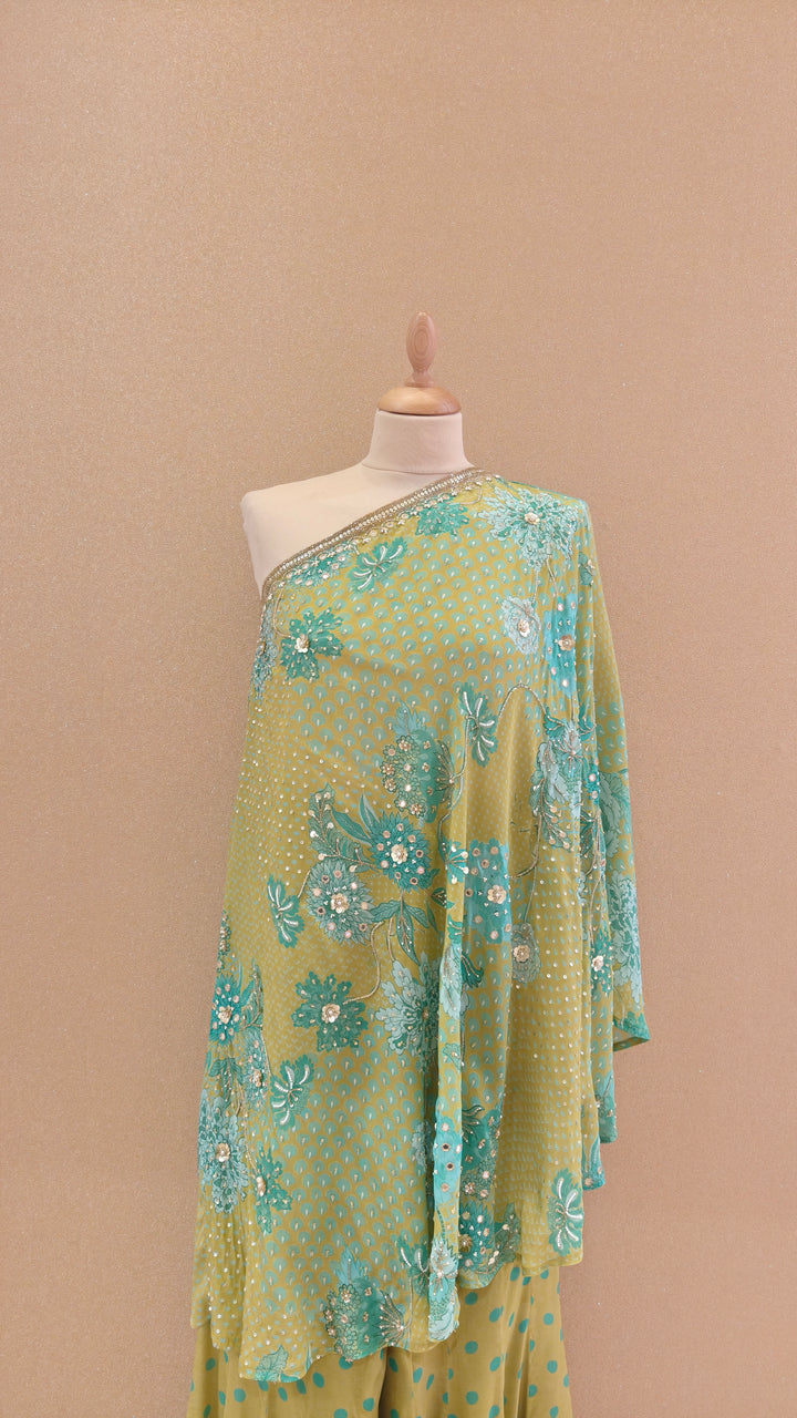Olive Green and Turquoise Embellished Asymmetric Top with Matching Pants | SILK SAGA