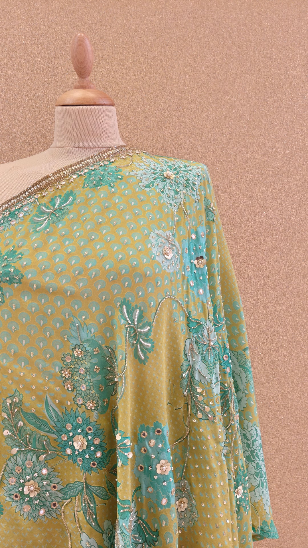 Olive Green and Turquoise Embellished Asymmetric Top with Matching Pants | SILK SAGA