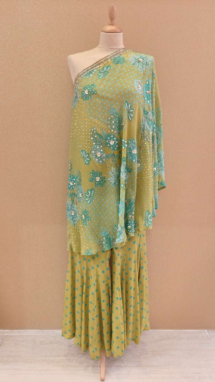 Olive Green and Turquoise Embellished Asymmetric Top with Matching Pants | SILK SAGA