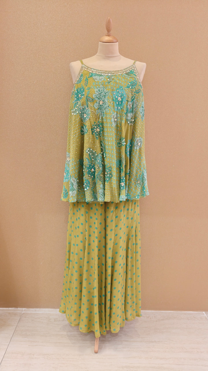 Olive Green and Turquoise Embellished Kurti with Matching Pants and Dupatta| SILK SAGA