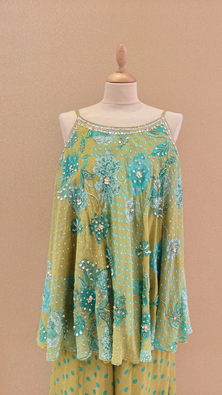 Olive Green and Turquoise Embellished Kurti with Matching Pants and Dupatta| SILK SAGA