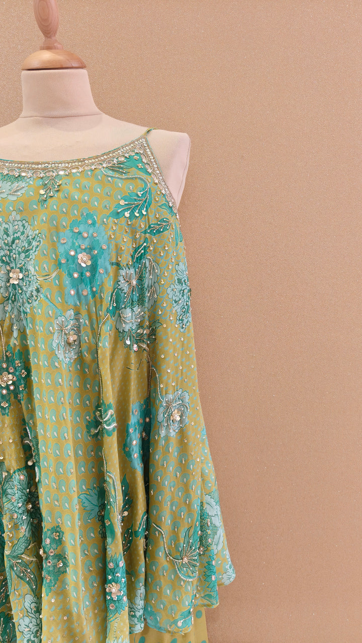Olive Green and Turquoise Embellished Kurti with Matching Pants and Dupatta| SILK SAGA