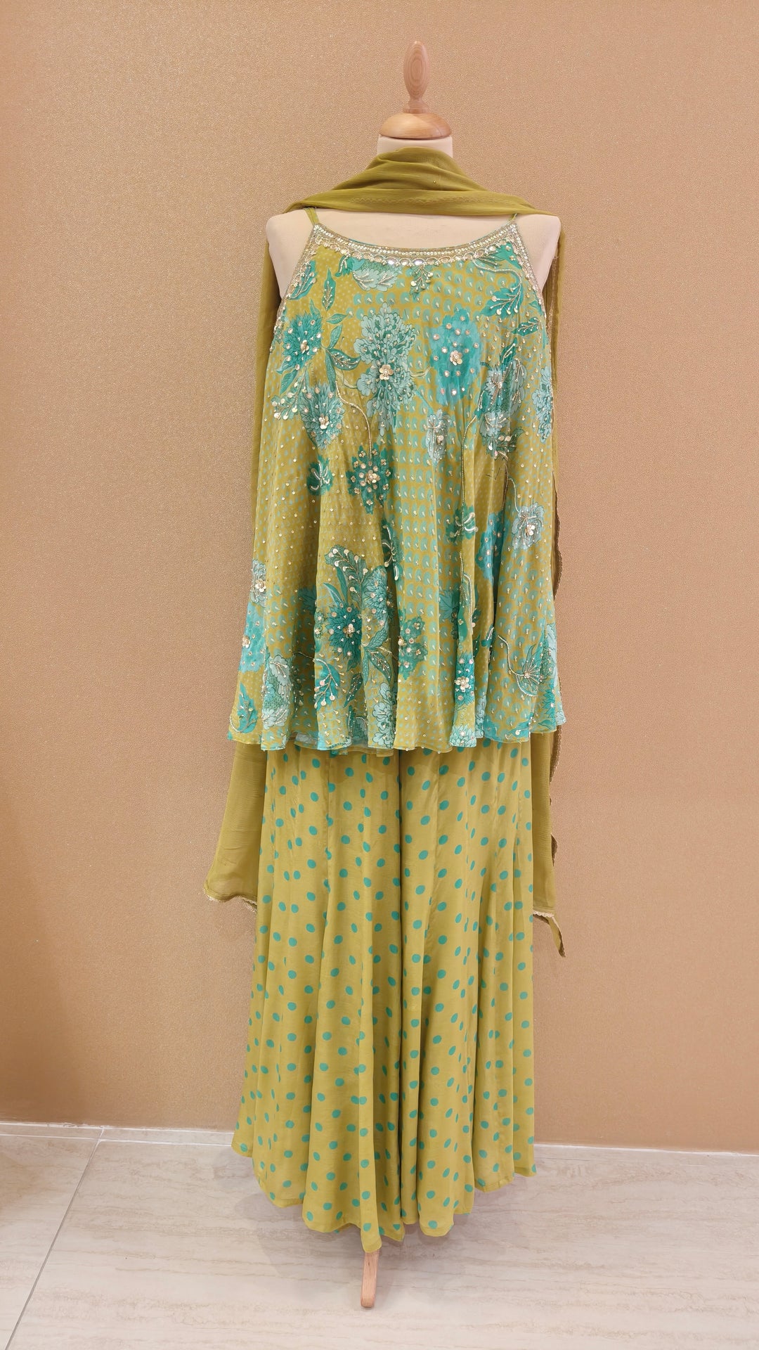 Olive Green and Turquoise Embellished Kurti with Matching Pants and Dupatta| SILK SAGA