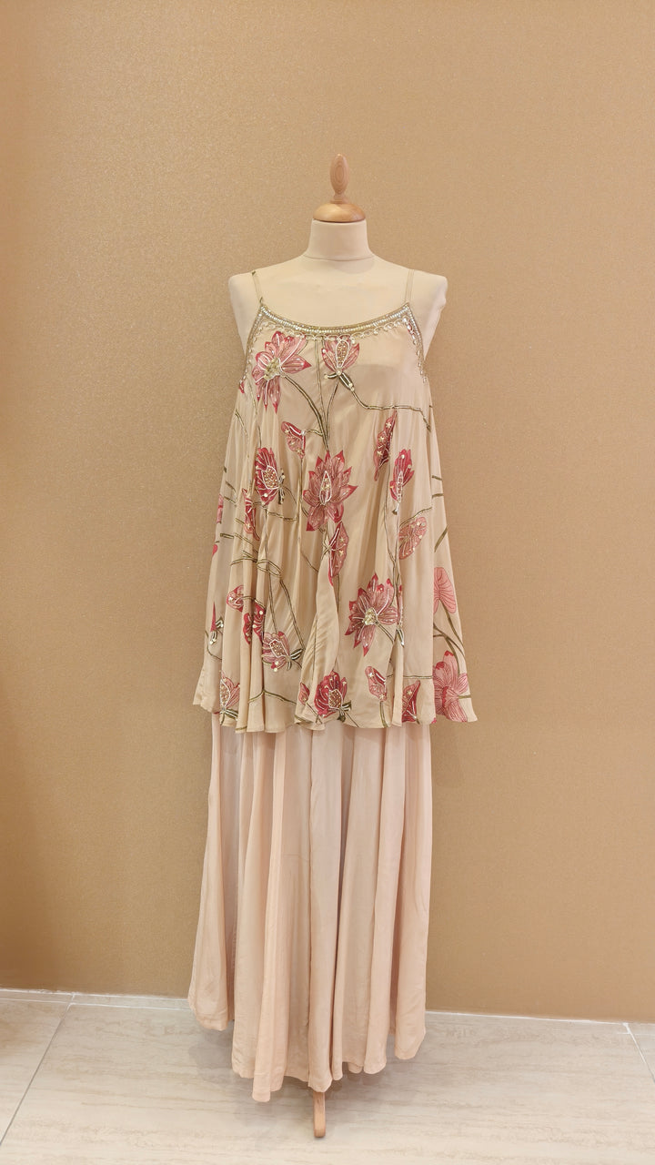 Beige Floral Embroidered Top with Matching Pants and Dupatta | SILK SAGA