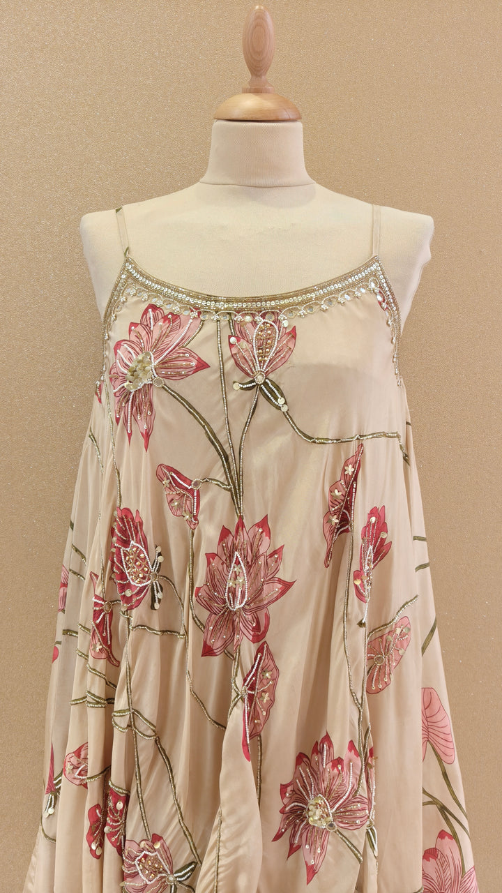 Beige Floral Embroidered Top with Matching Pants and Dupatta | SILK SAGA