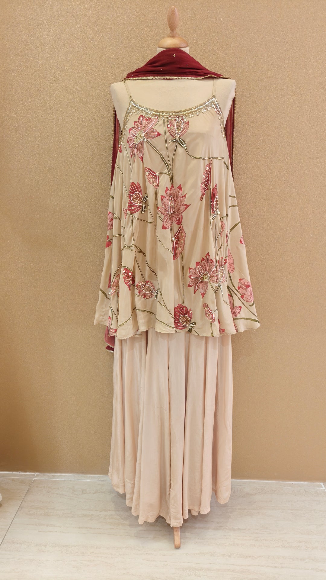 Beige Floral Embroidered Top with Matching Pants and Dupatta | SILK SAGA