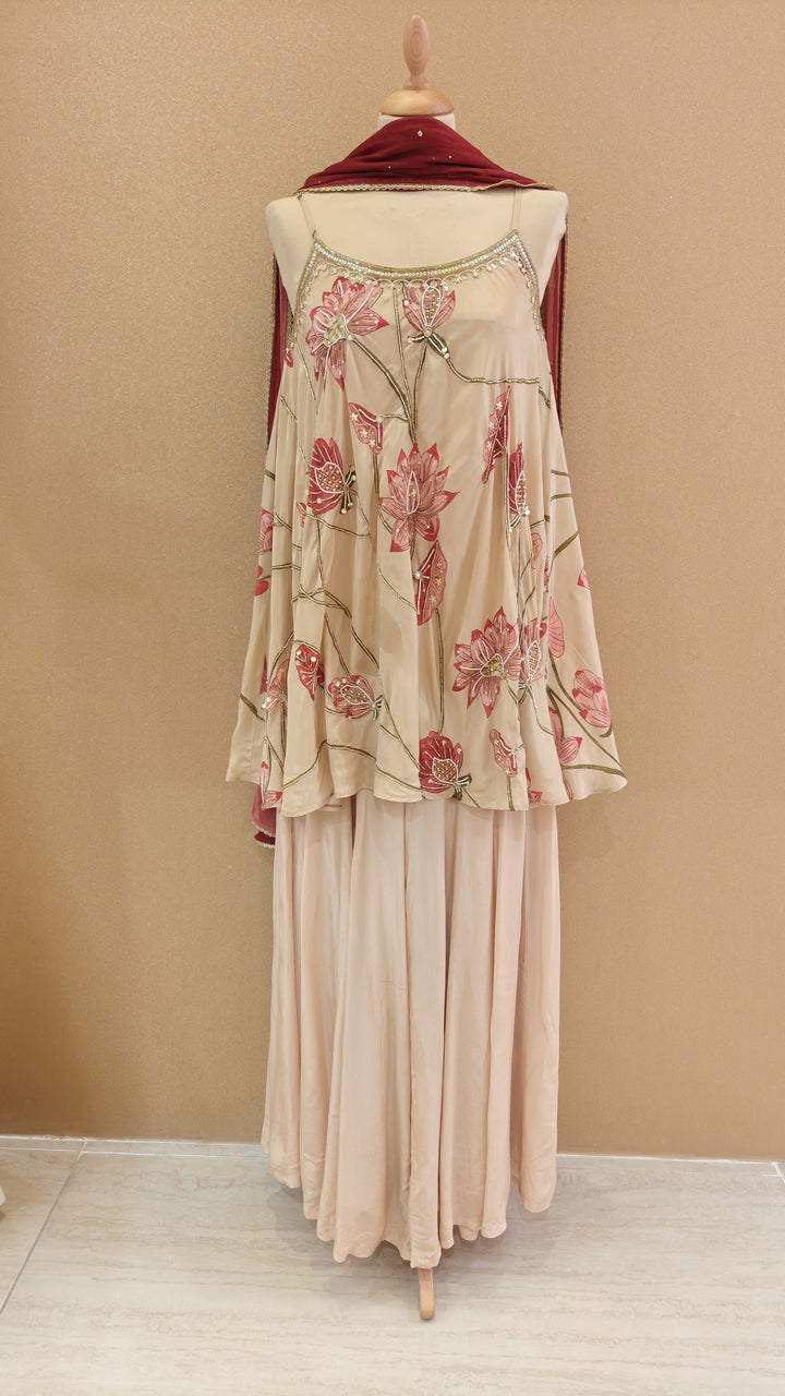 Beige Floral Embroidered Top with Matching Pants and Dupatta | SILK SAGA