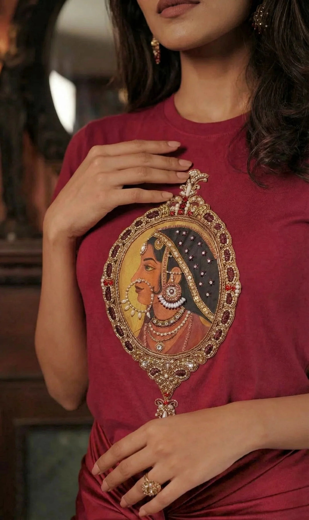 Maroon Embroidered Padmini Miniature Designer T-Shirt | Duchess Kumari