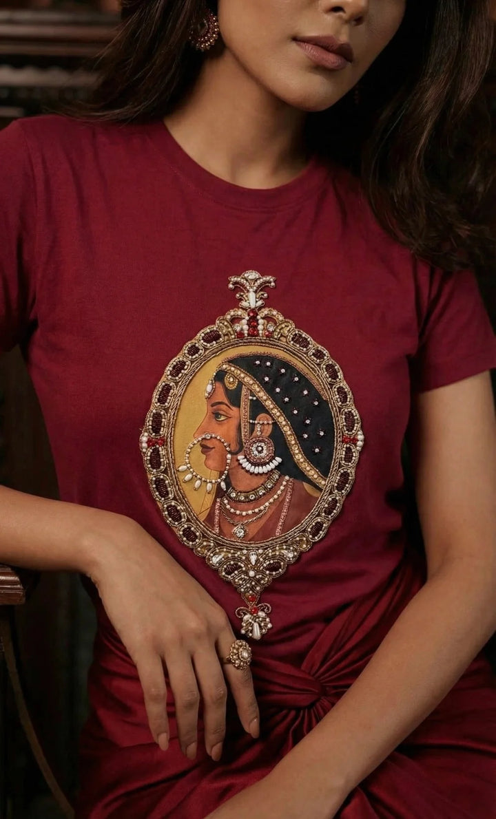 Maroon Embroidered Padmini Miniature Designer T-Shirt | Duchess Kumari