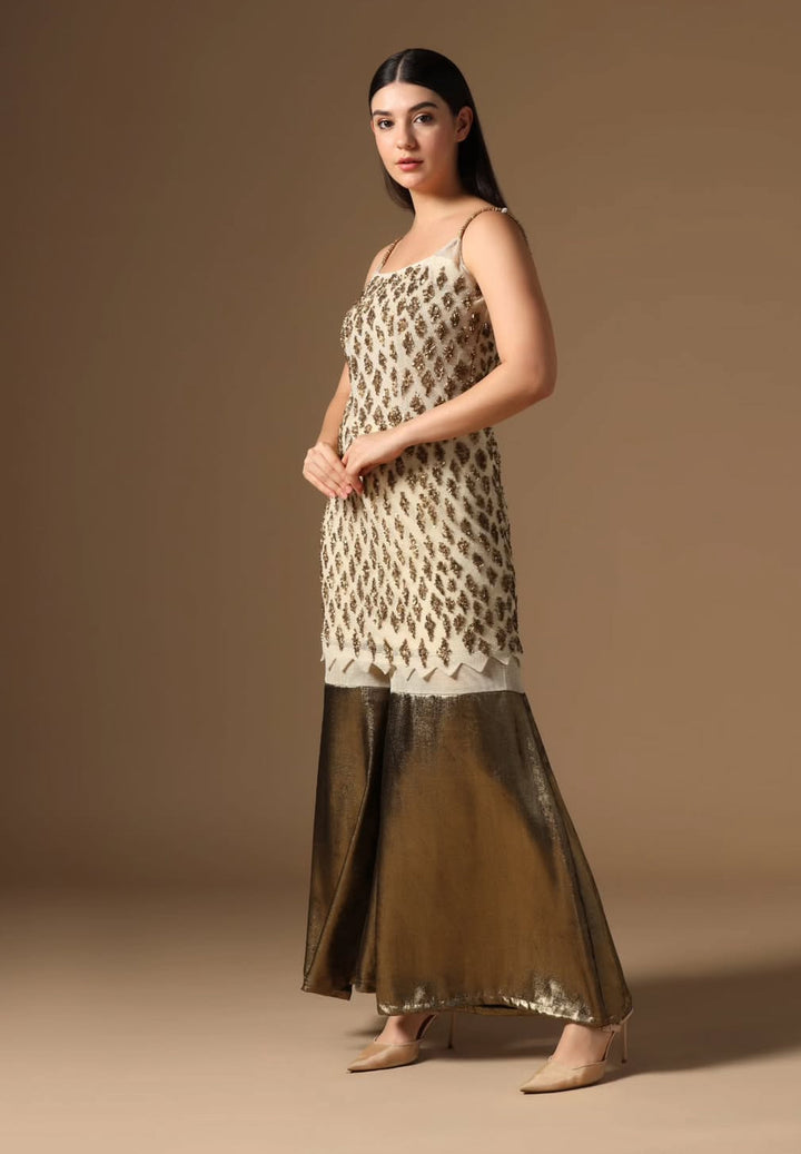 Embellished Tunic and Metallic Sharara Set| Rina Dhaka