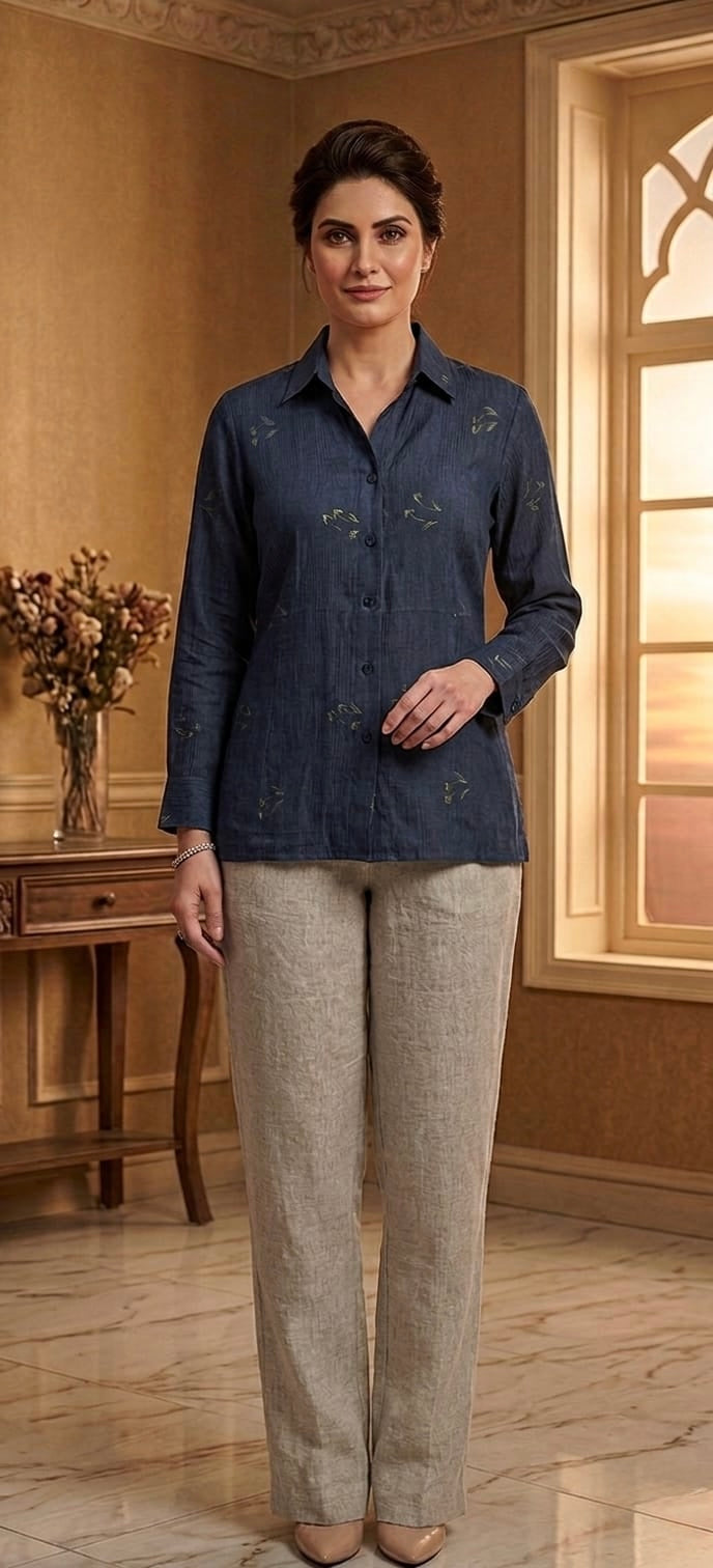 Blue Printed Petals Back Knot, Pure Linen Set| Essence By Monika