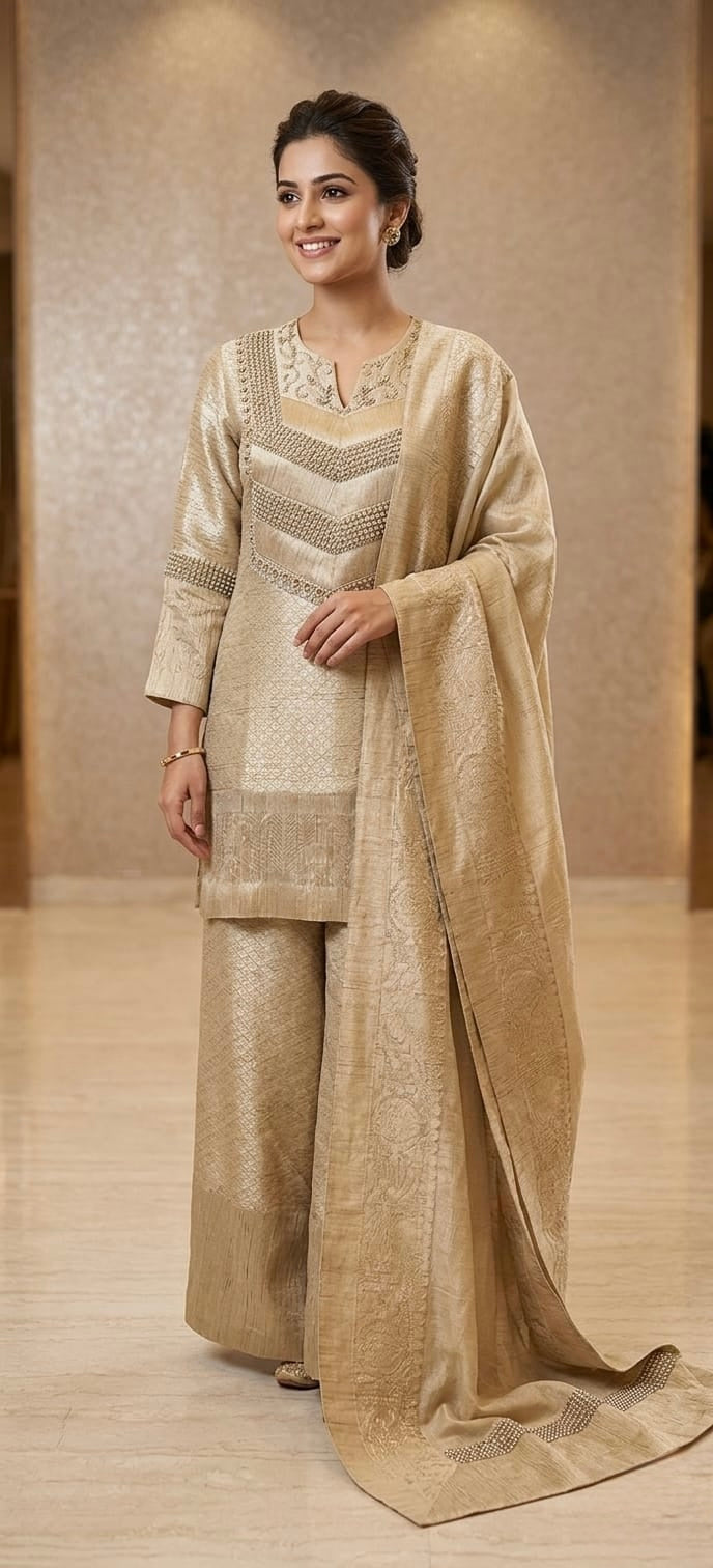 Banarasi Munga Silk Designer Suit with Hand-Embroidered Suit| Essence By Monika