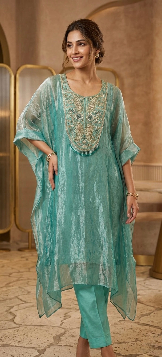 Aqua Stillness Embellished Kaftan Set| Basanti Kapde Aur Koffee