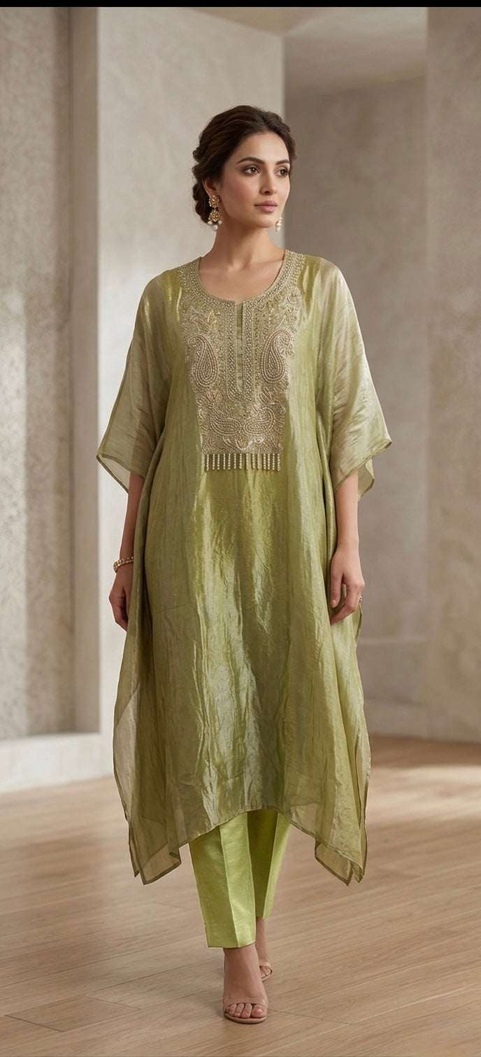 Pista Stillness Embellished Kaftan Set| Basanti Kapde Aur Koffee