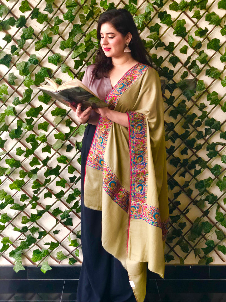 Tehzeeb Beige Wool Shawl With Kalamkari Border