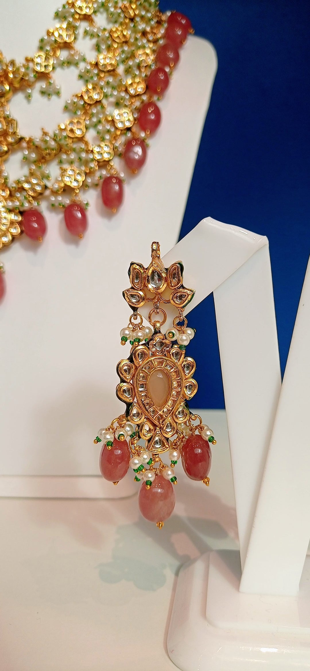 Hera Rose Pink and Gold Three-Tiered Kundan Necklace and Earrings Set|Inaayat by Divya Taimni