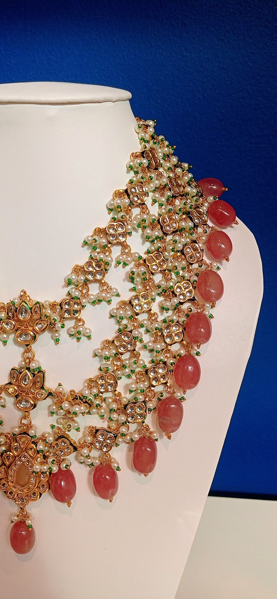 Hera Rose Pink and Gold Three-Tiered Kundan Necklace and Earrings Set|Inaayat by Divya Taimni