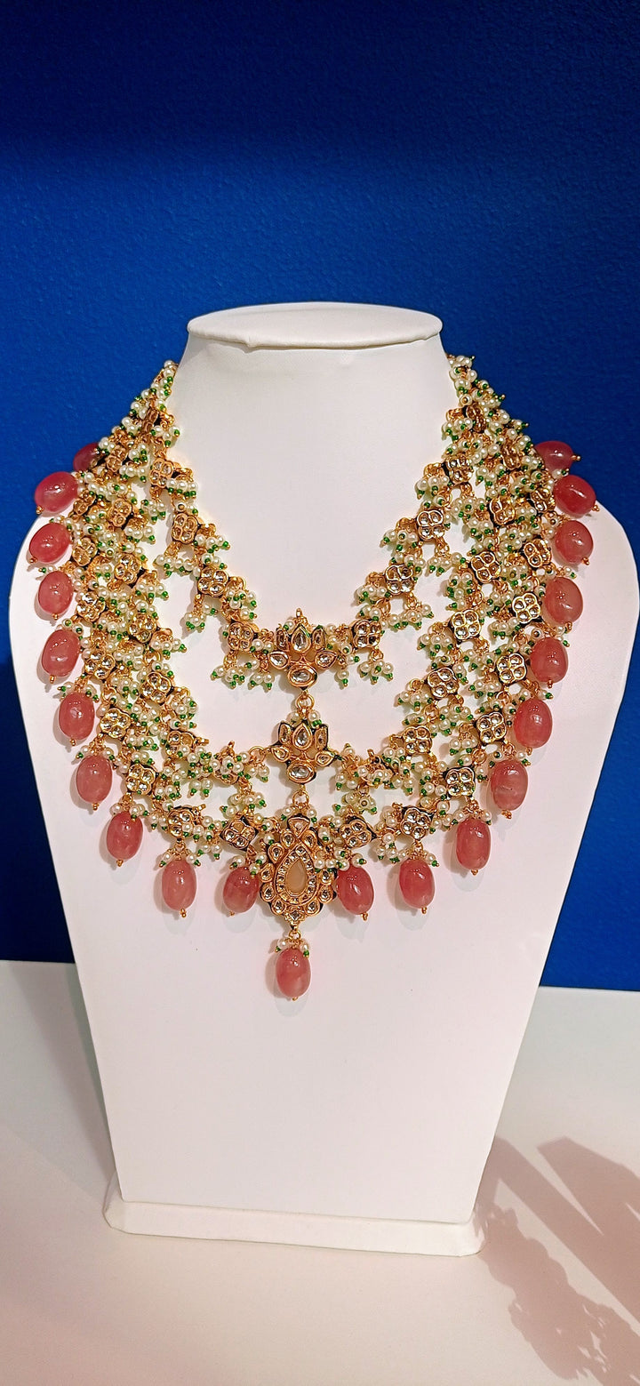 Hera Rose Pink and Gold Three-Tiered Kundan Necklace and Earrings Set|Inaayat by Divya Taimni