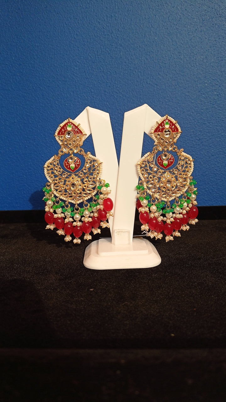Zafina Red, Green and White Beaded Earrings|Inaayat by Divya Taimni