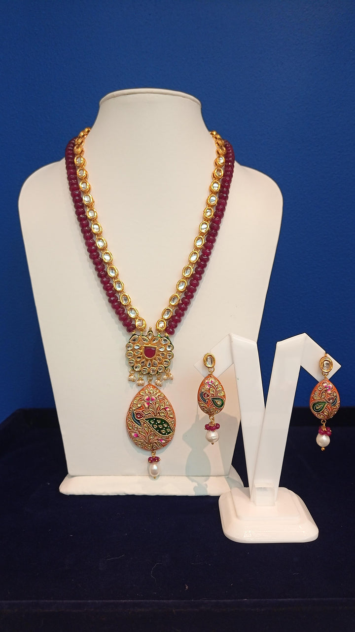 Elanora Maroon and Peach Enamel Pendant Necklace and Earrings Set with Beads