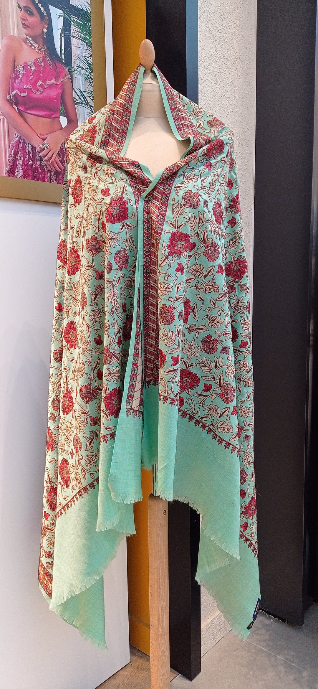 Nina Mint Cashmere Shawl With Floral Embroidery|House Of Inaayat